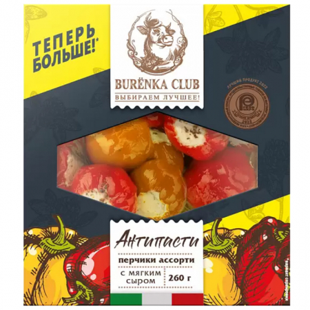Перчики Burёnka club Антипасти ассорти с мягким сыром в масле 260г пл/б 