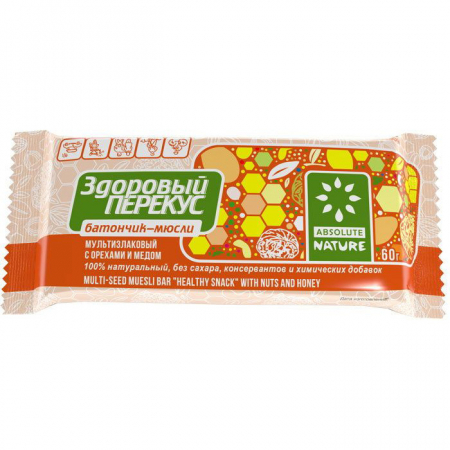 Батончик Здоровый перекус 60гр орехи/мед