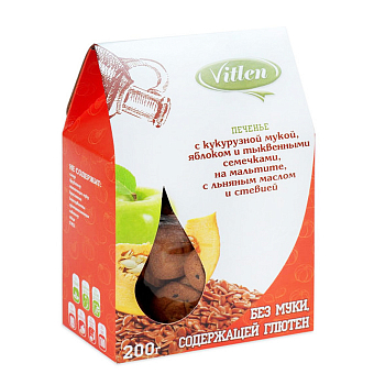 Печенье Vitlen без глютена 200гр с кукурузной мукой/яблоком/тыквен.семечками на мальтите со стевией